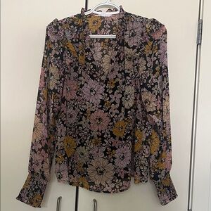 Smocked-Cuff Floral V-Neck Blouse with Pink & Yellow Flowers